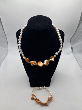 VTG Artisan necklace white freshwater baroque pearls w/orange mother of pearl